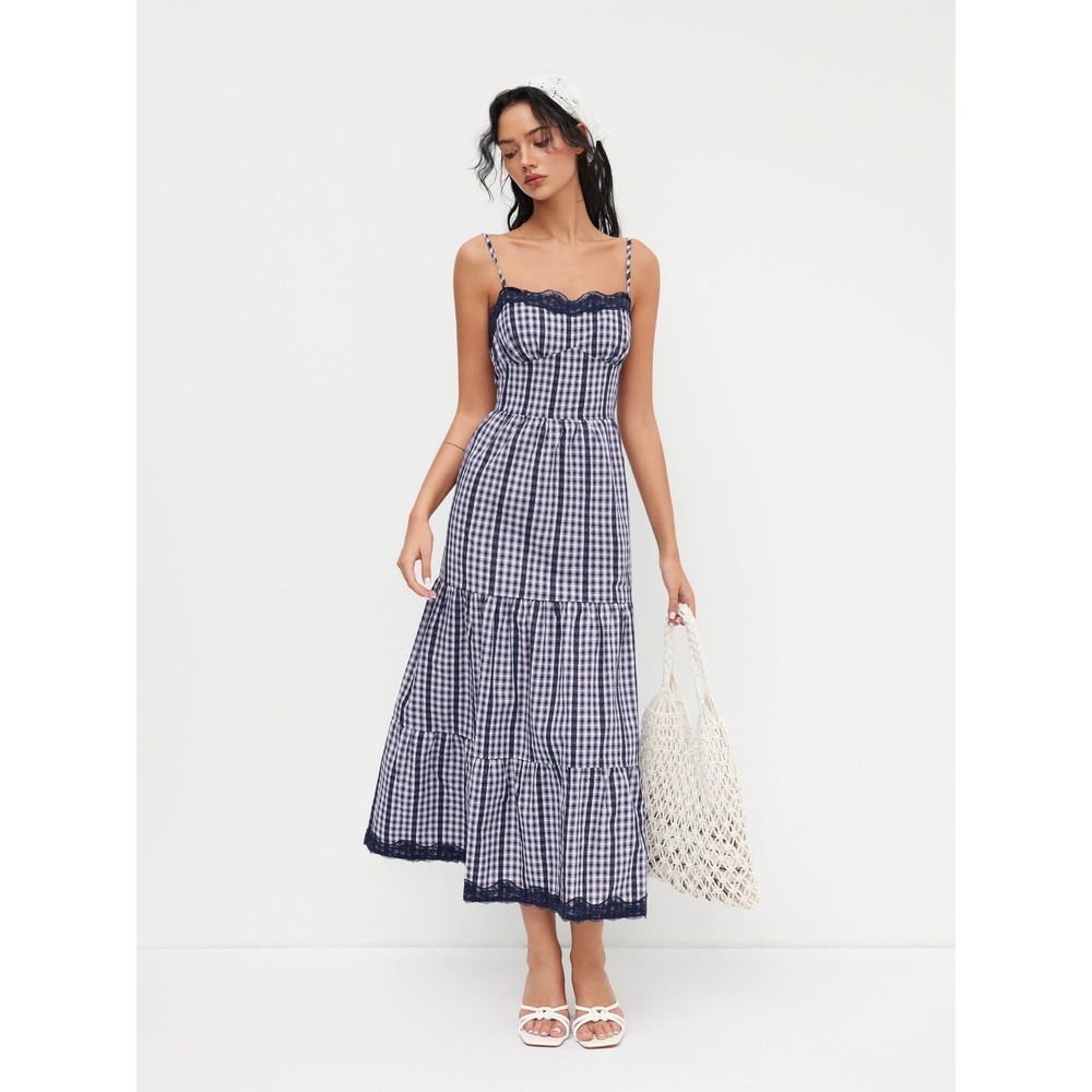 Cider Gingham Lace Trim Tiered Midi Cami Dress L Blue Cottage Peasant Prairie